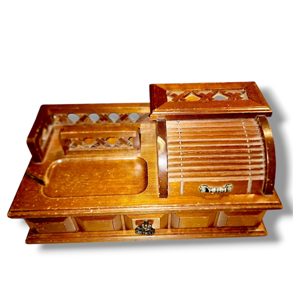 Vintage Wooden Roll Top Desk Organizer